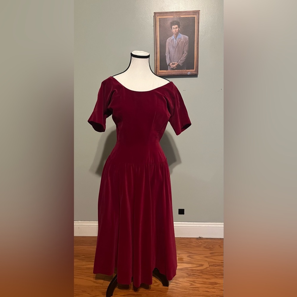 Vintage 1950s 50s Burgundy Red Velvet Fit And Flare Dress Anne Fogarty